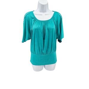 BCX VTG Y2K Women's Blouse Satiny Teal Size small Cinched waist lace sleeve